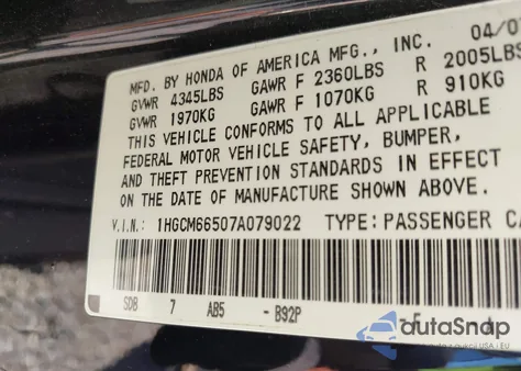 2007 Honda Accord 3.0 Ex z USA, uszkodzony, nr VIN 1HGCM66507A079022